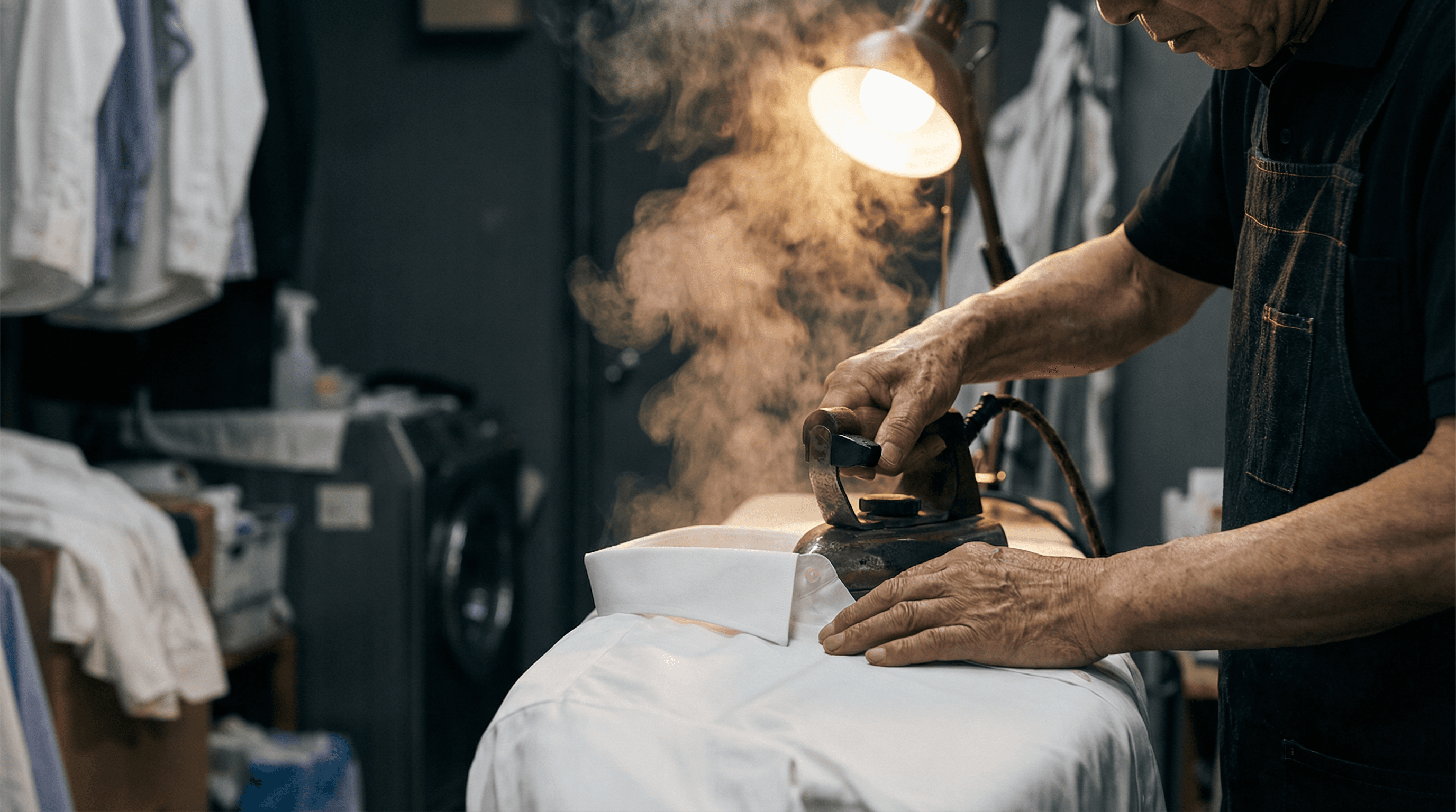 職人の手元でアイロンを当てる様子