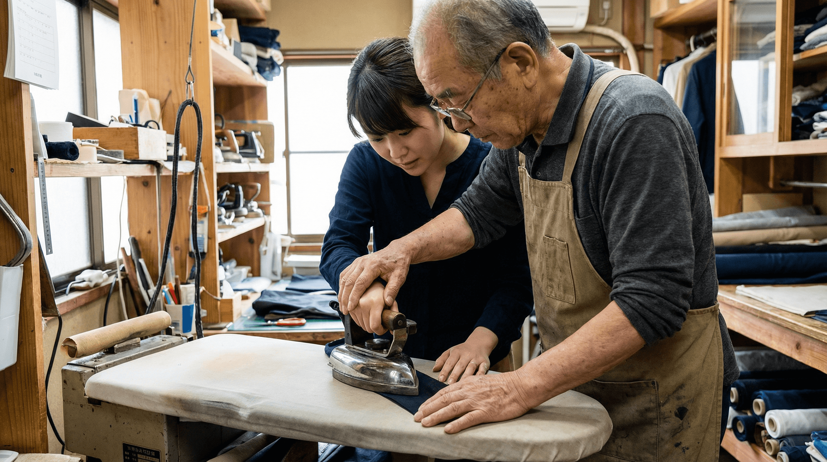 職人が見習いに指導する様子